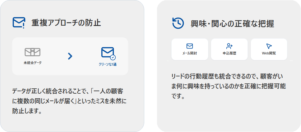 アプローチの重複がない。常にクリーンなデータで集客が実現