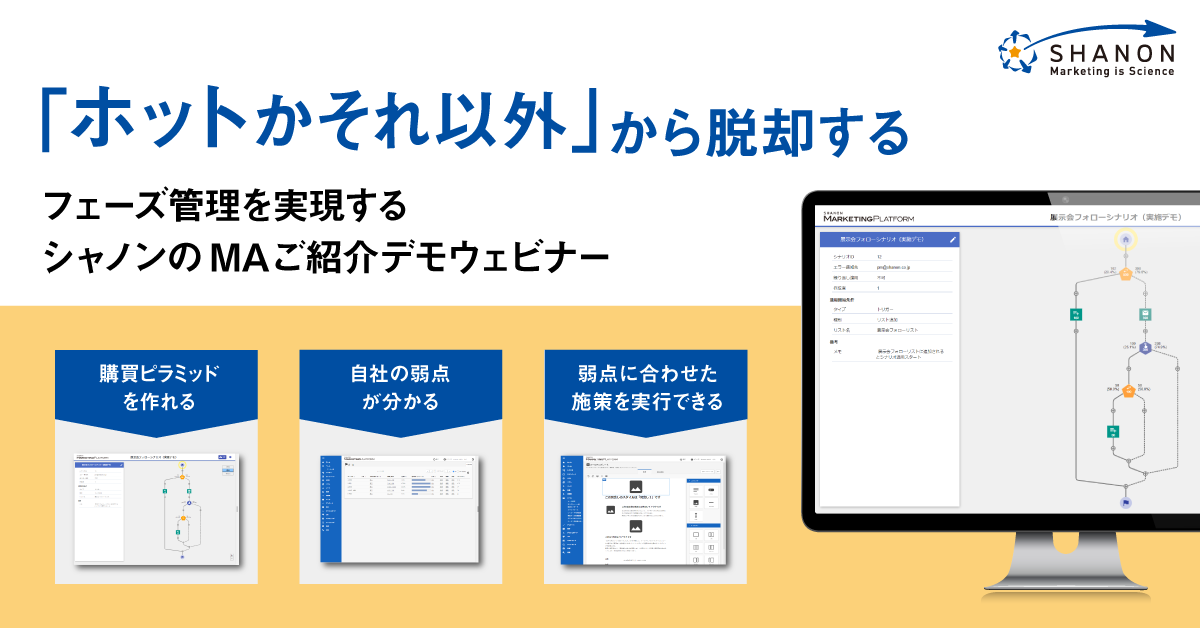「ホットかそれ以外」からの脱却 フェーズ管理を実現するシャノンのMAご紹介デモウェビナー 「ホットかそれ以外」からの脱却 フェーズ管理を実現するシャノンのMAご紹介デモウェビナー